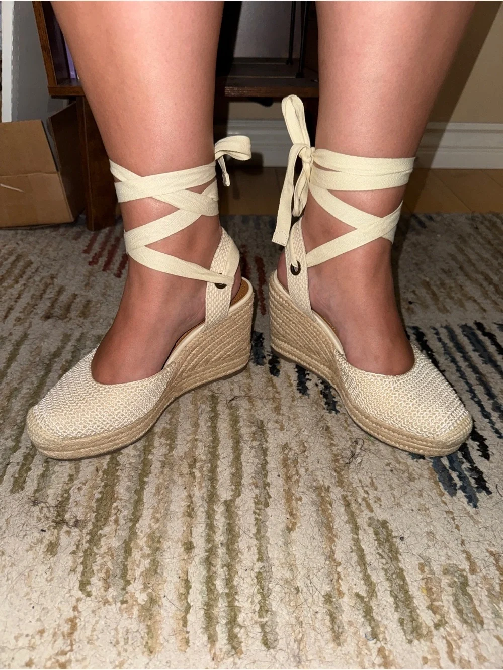 Cream Woven Espadrille Wedges with Wrap-around Ties